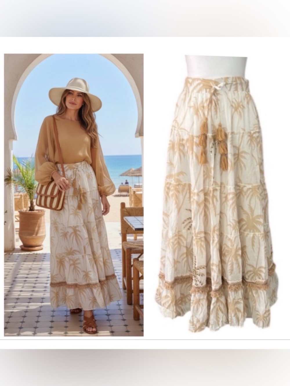 Barok Cream Tan Skirt palm tree print Bohemian tiered maxi costal Sm to Med NWT
